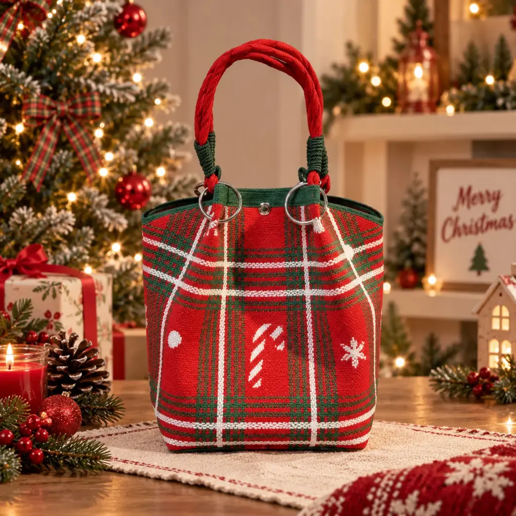 360 HOME Christmas bag 23*23*16cm Small red fabric tote with two rounded rope handles.