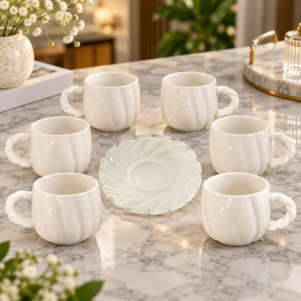 360 HOME CERAMIC COFFEE CUP HANDLE WITH SAUCER VERTICAL FLUTED RIBBED DETAILING WHITE PACK OF 6PCS