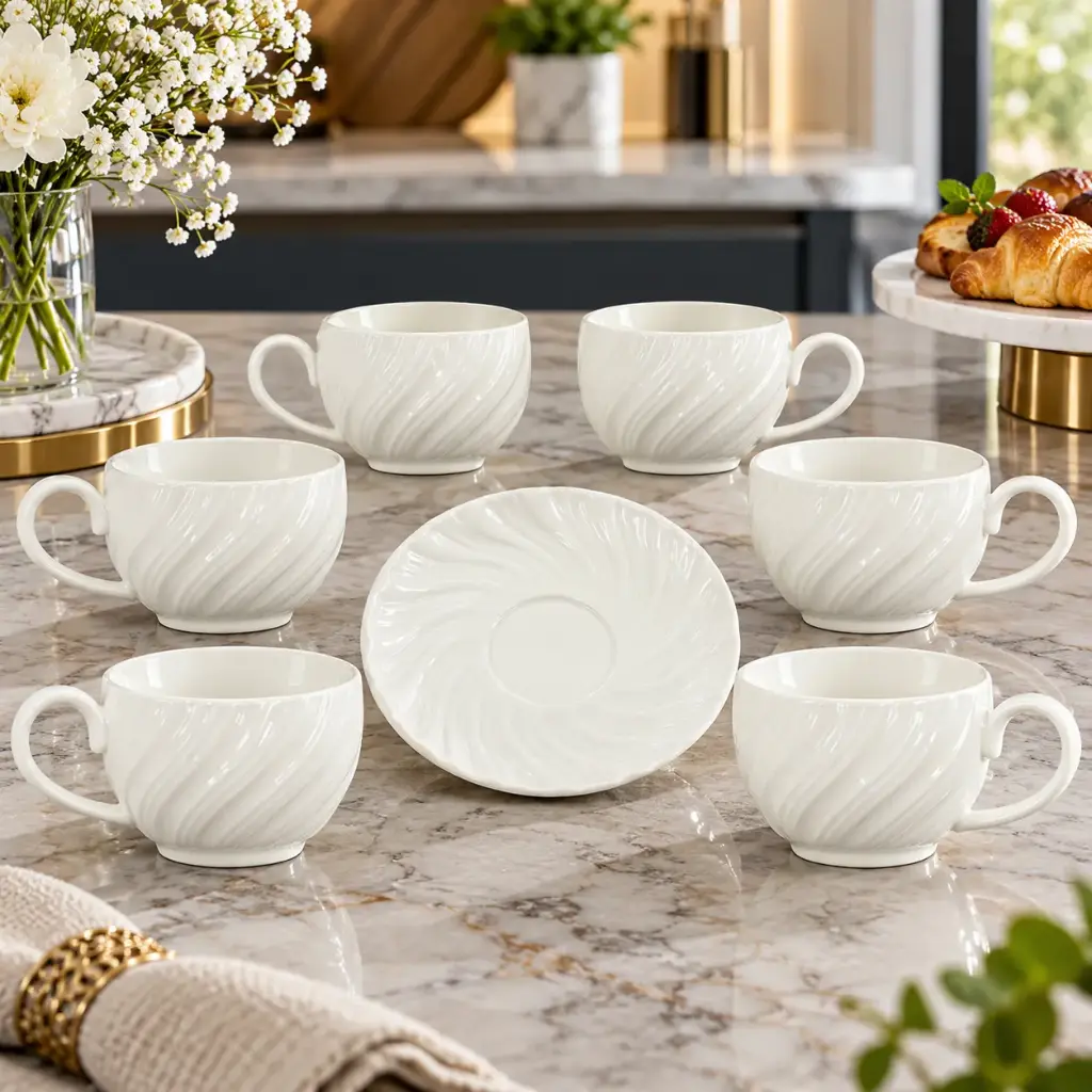 360 HOME CERAMIC COFFEE CUP HANDLE WITH SAUCER RIBBED SPIRAL DETAILING WHITE PACK OF 6PCS