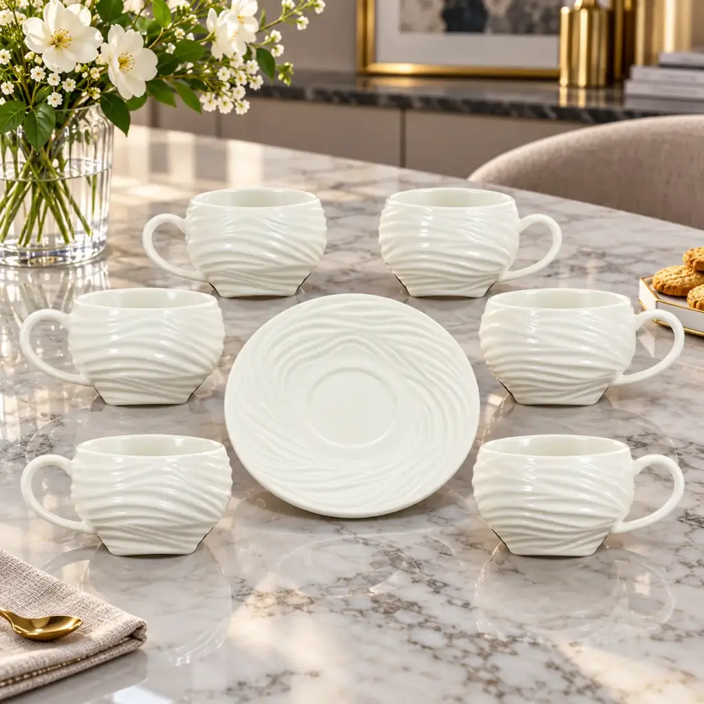 360 HOME CERAMIC COFFEE CUP HANDLE WITH SAUCER  WAVE PATTERN DETAILING WHITE PACK OF 6PCS