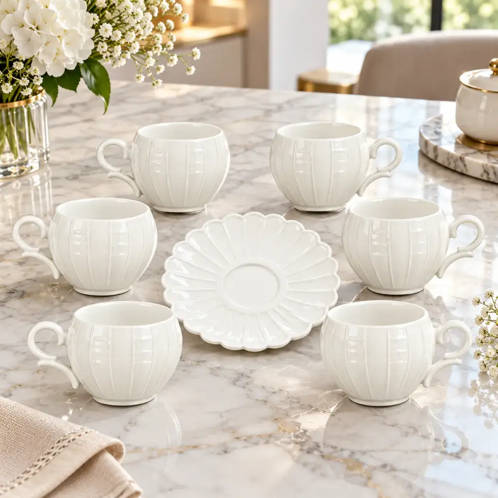 360 HOME CERAMIC COFFEE CUP HANDLE WITH SAUCER FLUTED FLORAL  DETAILING WHITE PACK OF 6PCS