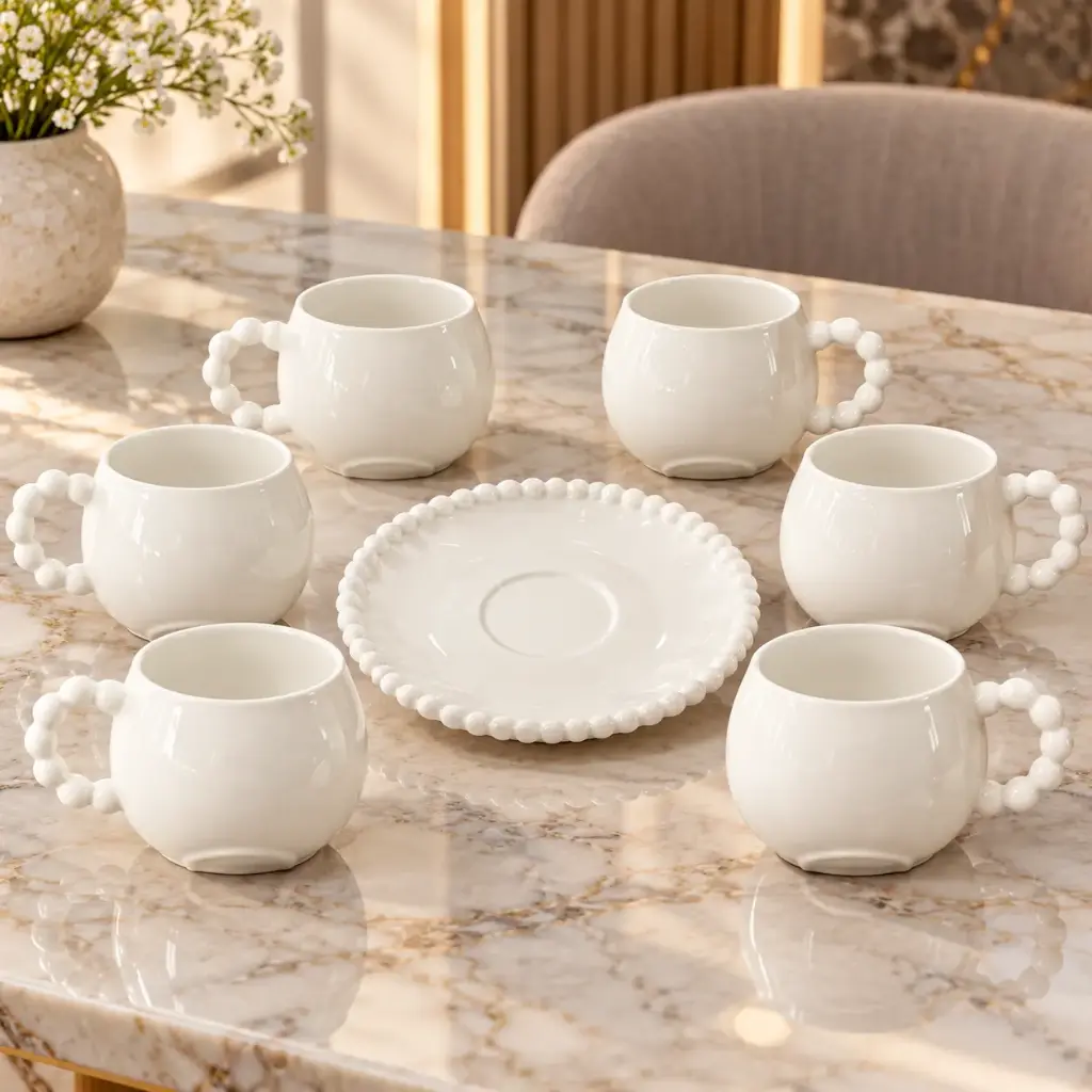 360 HOME CERAMIC COFFEE CUP HANDLE WITH SAUCER ROUNDED SHAPE BEADED RIM EMBOSSED FLORAL DESIGN DETAILING WHITE PACK OF 6PCS