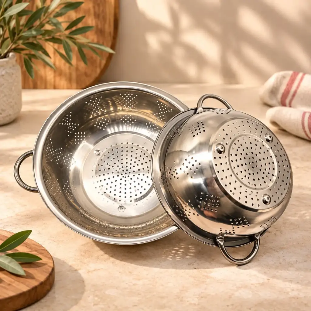 360 HOME MY KITCHEN STAINLESS STEEL ROUND FOOTED COLANDER WITH HANDLES – 28 CM