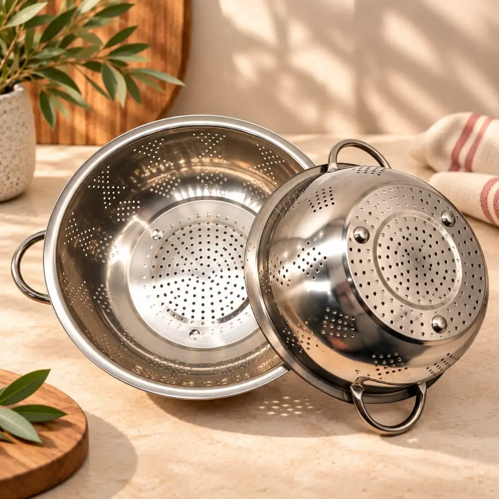 360 HOME MY KITCHEN STAINLESS STEEL ROUND FOOTED COLANDER WITH HANDLES – 34 CM