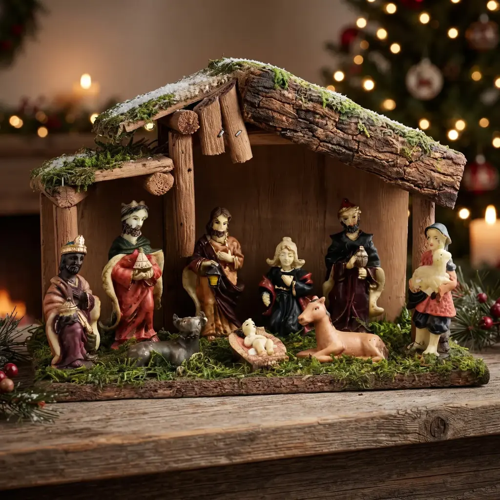 360 HOME Nativity Scene A rustic, thatched/wooden stable with a sloped roof 25*9*18