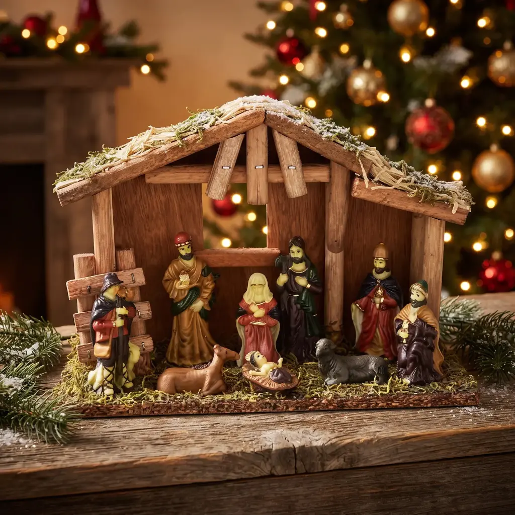 360 HOME Nativity Scene A rustic wooden stable with a straw/thatched roof 25*9*18
