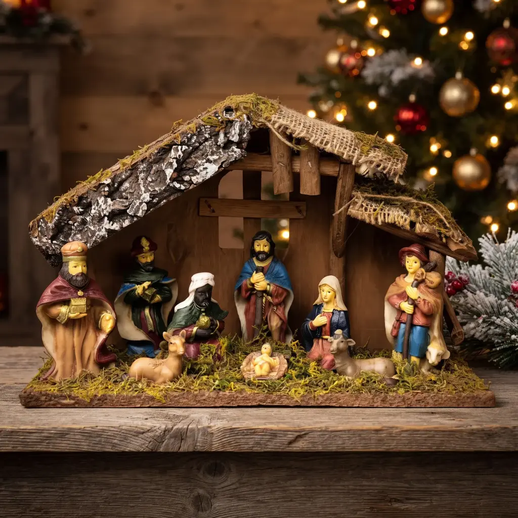 360 HOME Nativity Scene small open-front stable with a pitched roof made to resemble rough wood and thatch 30*10*20