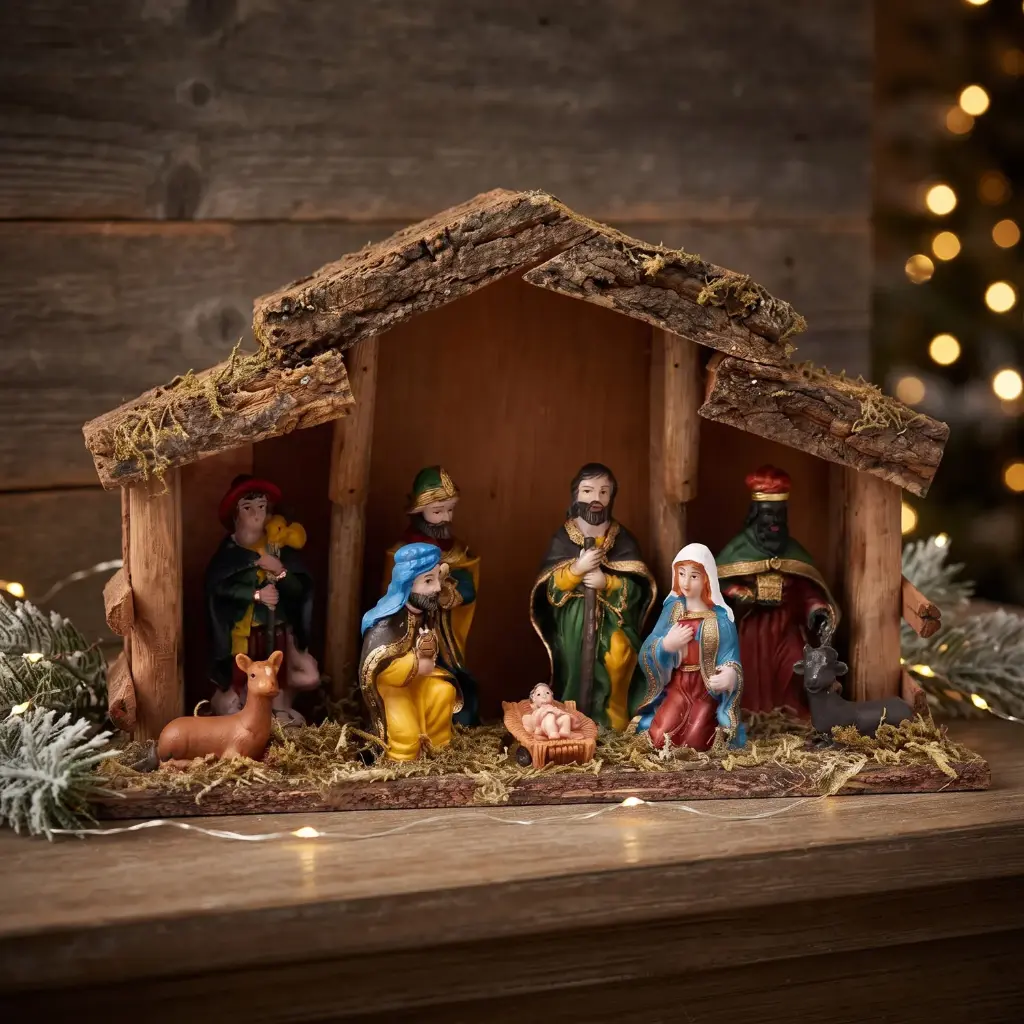 360 HOME Nativity Scene traditional handcrafted Nativity (crèche) scene displayed inside a small rustic wooden stable 30*10*20