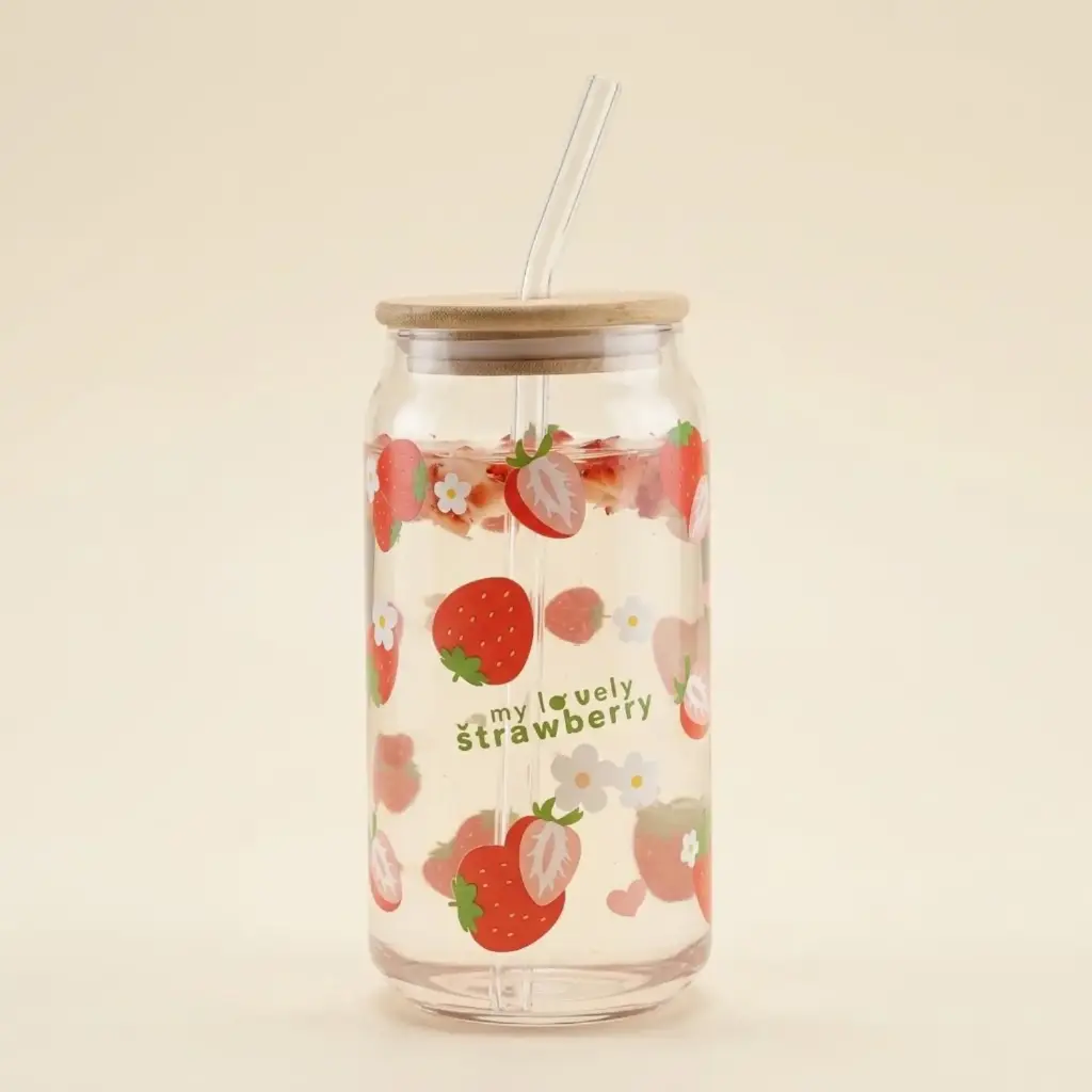 360 HOME GLASS DRINKING CAN WITH BAMBOO LID & GLASS STRAW 550ml