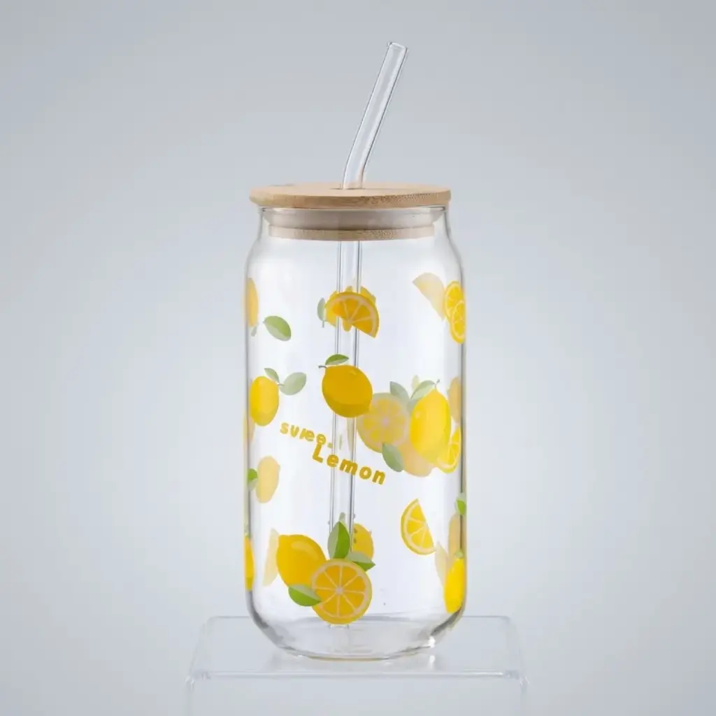 360 HOME GLASS DRINKING CAN WITH BAMBOO LID & GLASS STRAW 550ml