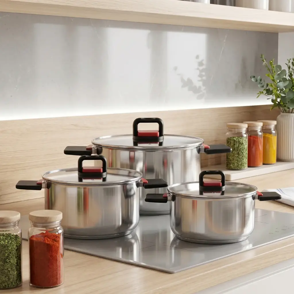 360 HOME BAKELITE FOLDABLE HANDLE 3.5MM  STAINLESS STEEL+GLASS LID SET OF 3PCS  1.9LTR /3.6LTR/6.1LTR