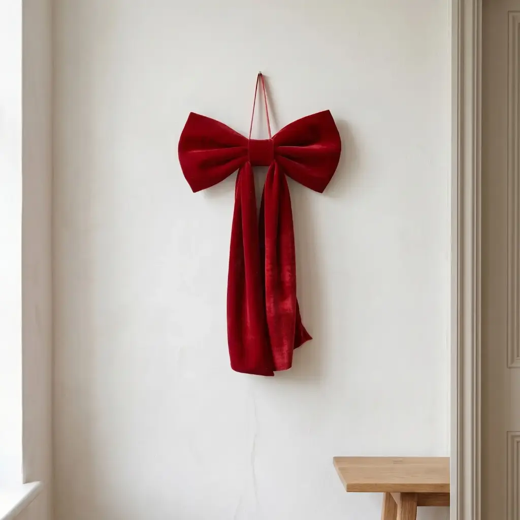 360 HOME CHRISTMAS HANGING BOW WIDE LOOP DRAPED TAILS LONG 60X40CM VELVET RED