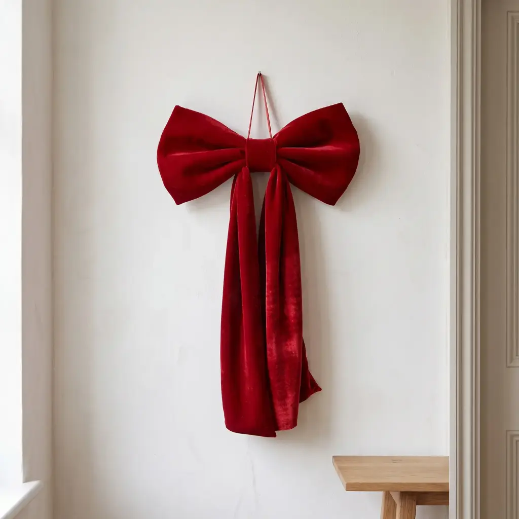 360 HOME CHRISTMAS HANGING BOW WIDE LOOP DRAPED TAILS LONG 100X50CM VELVET RED