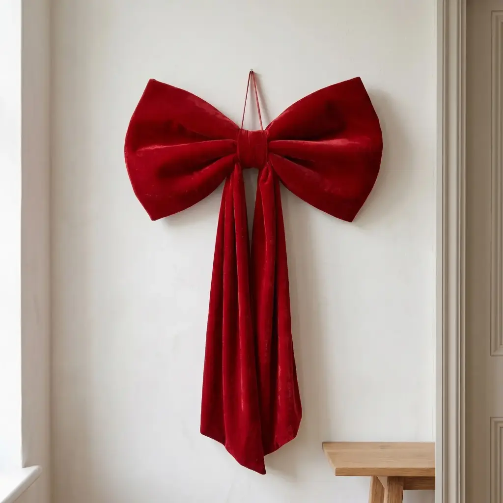 360 HOME CHRISTMAS HANGING BOW WIDE LOOP DRAPED TAILS LONG 180X50CM VELVET RED