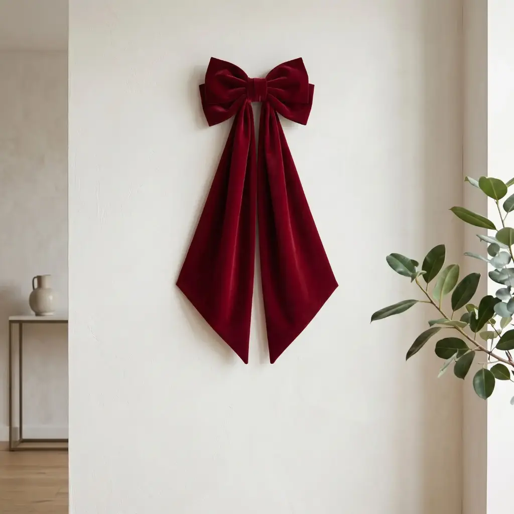 360 HOME CHRISTMAS HANGING BOW WIDE LOOP DRAPED TAILS LONG 60X40CM VELVET BURGUNDY