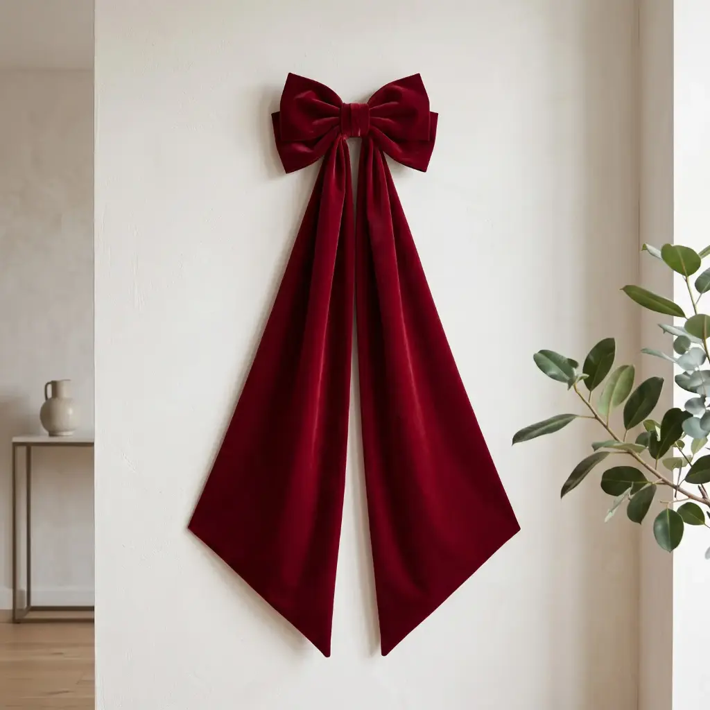 360 HOME CHRISTMAS HANGING BOW WIDE LOOP DRAPED TAILS LONG 100X50CM VELVET BURGUNDY