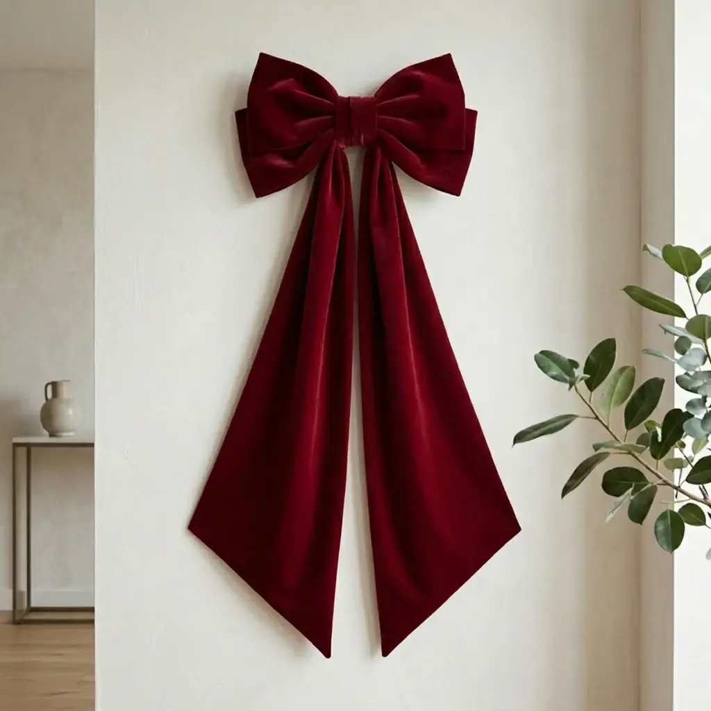 360 HOME CHRISTMAS HANGING BOW WIDE LOOP DRAPED TAILS LONG 150X50CM VELVET BURGUNDY
