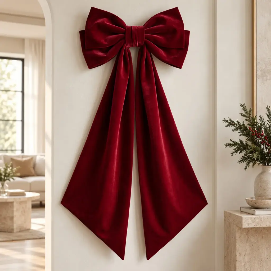 360 HOME CHRISTMAS HANGING BOW WIDE LOOP DRAPED TAILS LONG 180X50CM VELVET BURGUNDY