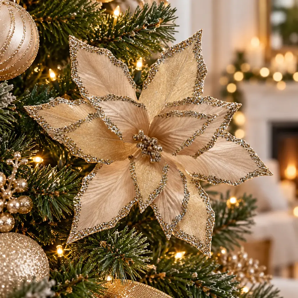 360 HOME CHRISTMAS POINSETTIA FLOWER ORNAMENT METALLIC GLITTER  CHAMPAGNE/LIGHT GOLD 34X34X25CM 48PCS/BOX