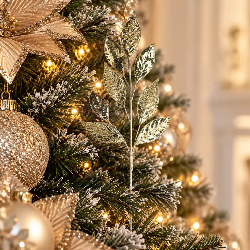360 HOME CHRISTMAS ARTIFICIAL FOLIAGE PICK ELONGATED LEAVES METALLIC DETAILING SILVER/CHAMPAGN/MUTED GREEN 66CM 48PCS/BOX
