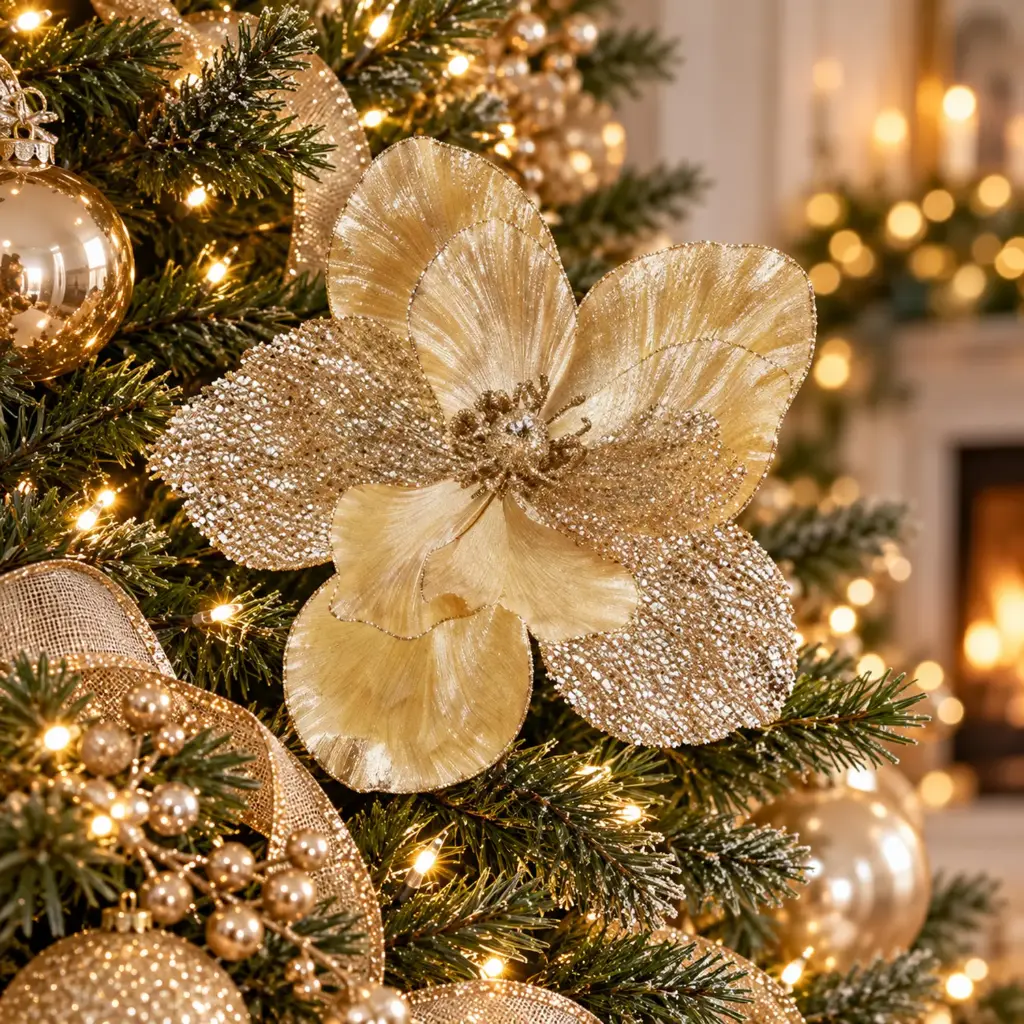 360 HOME CHRISTMAS ARTIFICIAL FLOWER PICK LARGE LAYERED SHIMMERING METALLIC CHAMPAGNE/LIGHT GOLD 30X30X30CM 48PCS/BOX