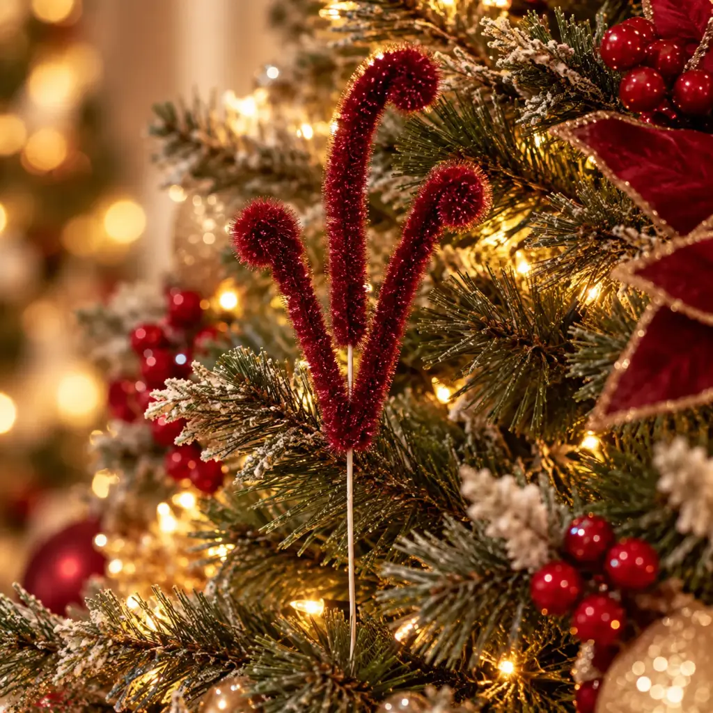 360 HOME CHRISTMAS ARTIFICIAL FLORAL PICK TREE SLENDER BRANCHES TEXTURED FIBER V-SHAPED FUZZY VELVETY BURGUNDY 76X20X2CM 48PCS/BOX