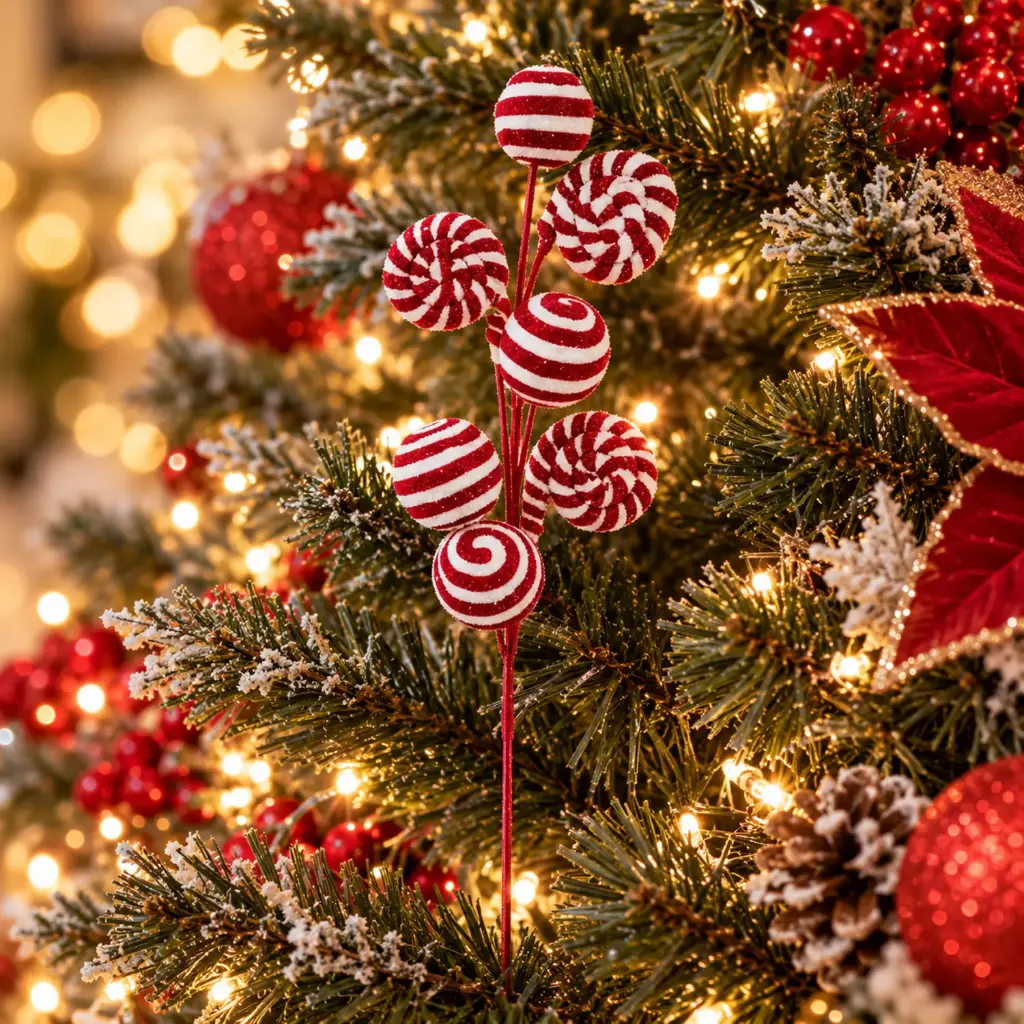 360 HOME CHRISTMAS CANDY CANE PICK MULTIPLE PEPPERMINT CANDY ORNAMENTS ON SLENDER STEMS RED & WHITE 56X12X5CM 48PCS/BOX