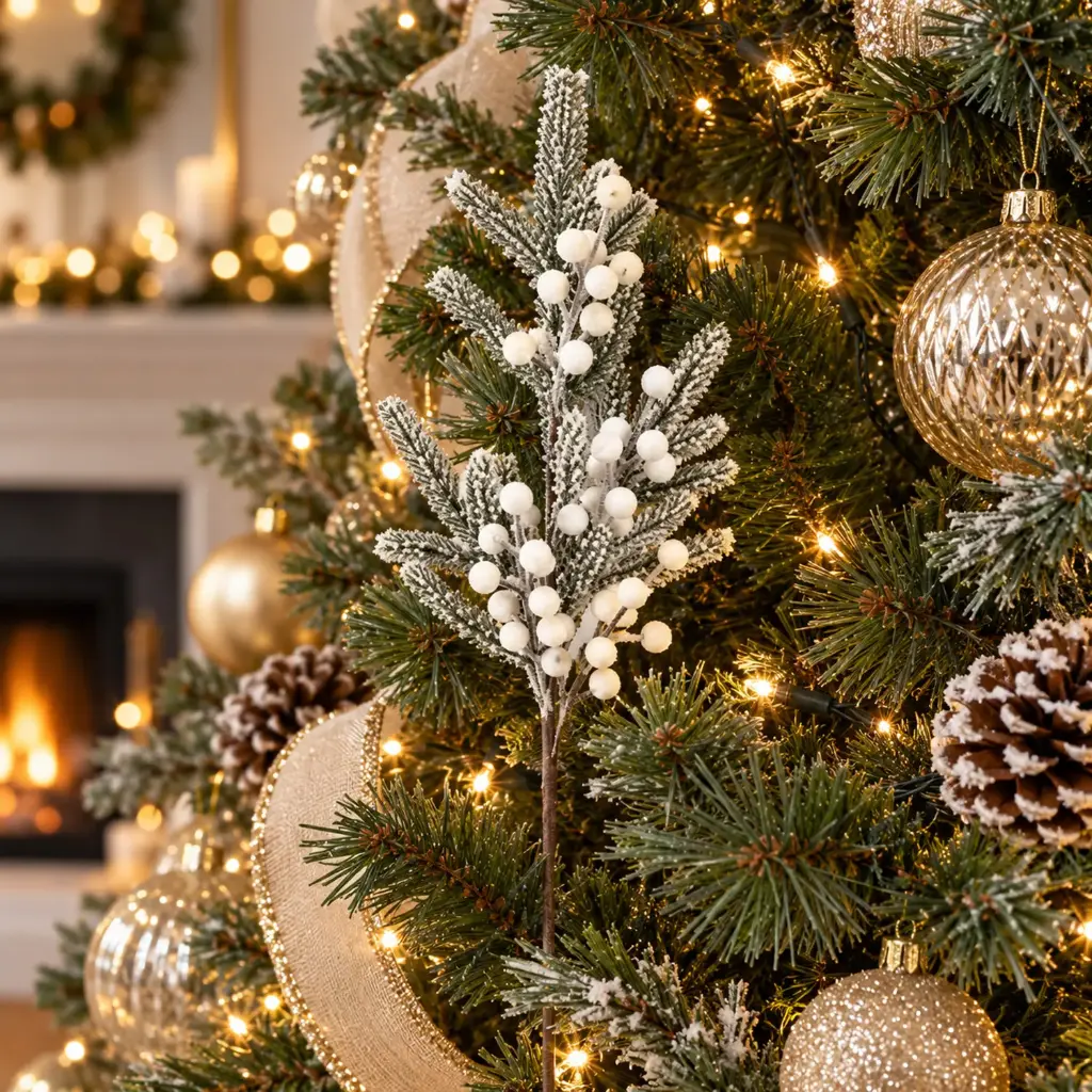 360 HOME CHRISTMAS ARTIFICIAL FOLIAGE AND BERRIES PICK TALL UPRIGHT FROSTED WHITE/SILVER/SOFT GREEN 67X17X8CM 48PCS/BOX