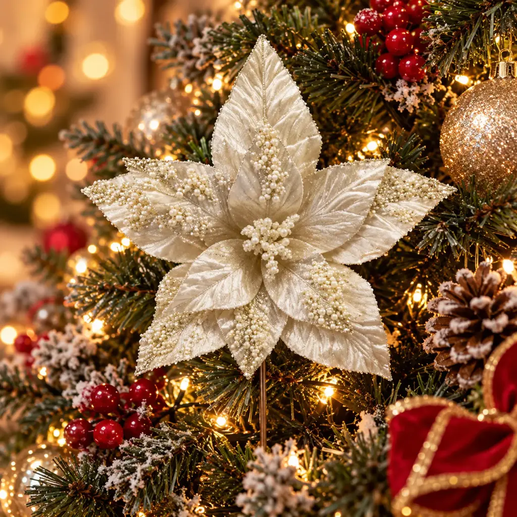 360 HOME CHRISTMAS ARTIFICIAL POINSETTIA FABRIC WITH GLITTER LARGE LAYERED PEARL-LIKE BEADS CHAMPAGNE/WHITE 29X29X30CM 24PCS/BOX