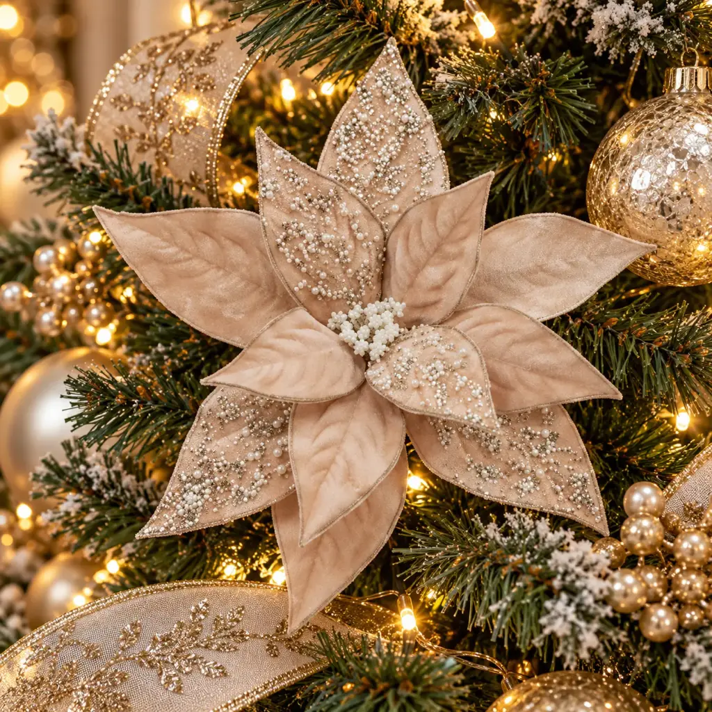360 HOME CHRISTMAS ARTIFICIAL POINSETTIA  LARGE FABRIC WITH GLITTER AND BEADS CHAMPAGNE/TAUPE 41X41X30CM 24PCS/BOX