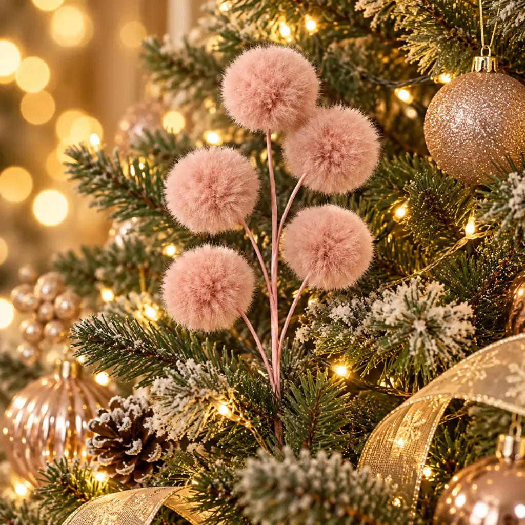 360 HOME CHRISTMAS ARTIFICIAL SPHERICAL POMPOM ON FLEXIBLE STEM LONG THIN  PLUSH PINK 80CM 12PCS/BOX