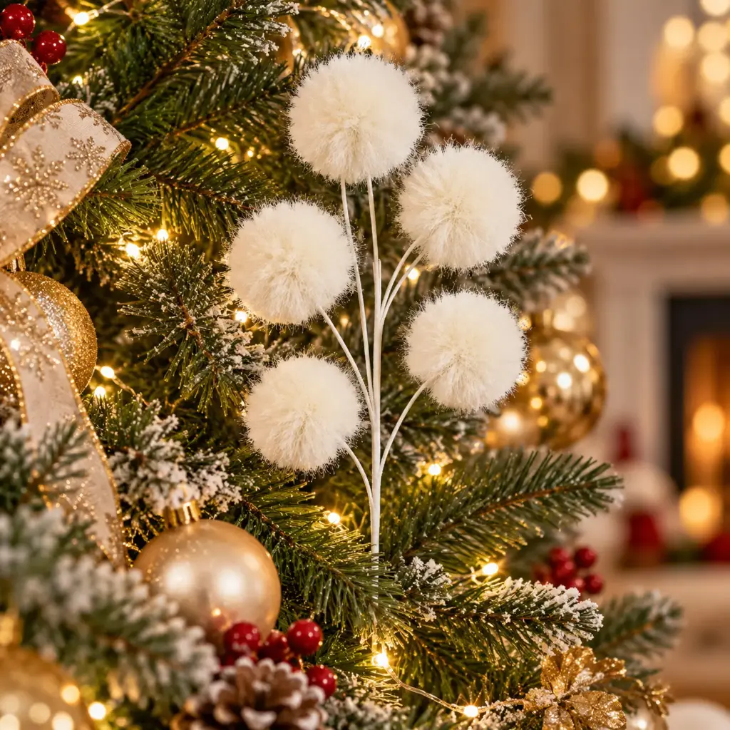 360 HOME CHRISTMAS ARTIFICIAL SPHERICAL POMPOM ON FLEXIBLE STEM LONG THIN  IVORY WHITE 80CM 12PCS/BOX