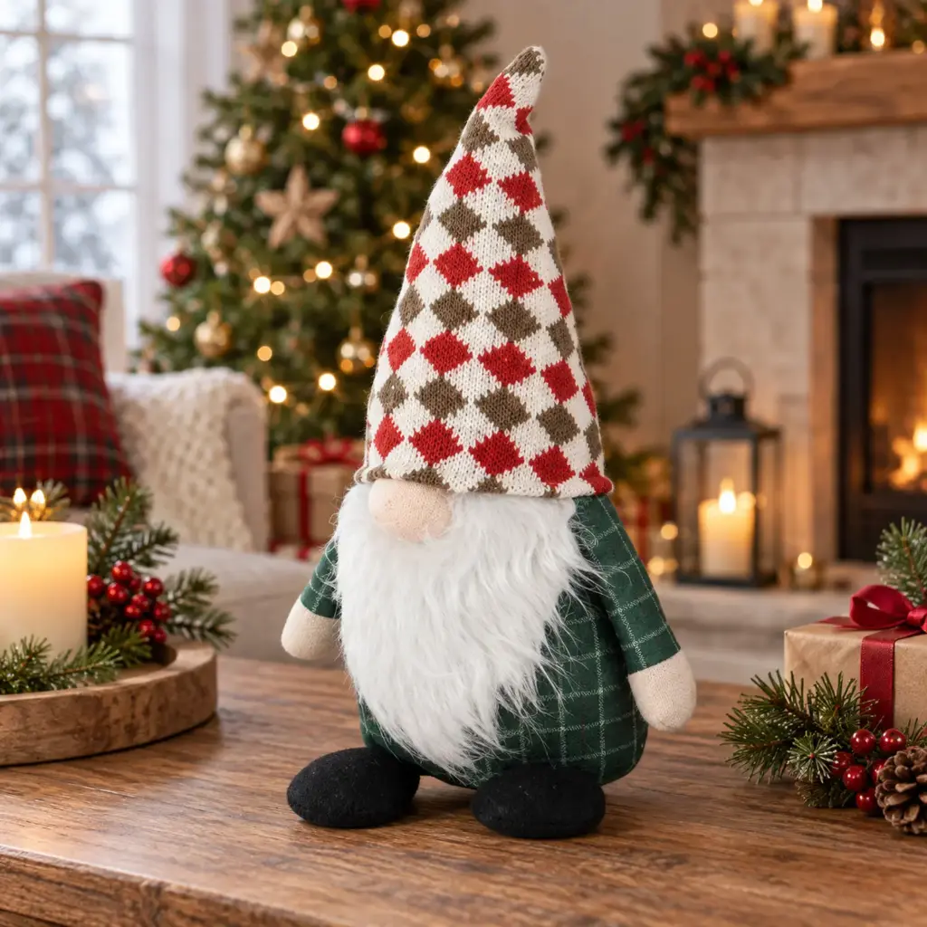360 HOME CHRISTMAS GNOME SOFT PLUSH FILLING TALL POINTED HAT CHECKERED PATTERN GREEN/WHITE/RED/BLACK 20X9X37CM 6PCS/BOX