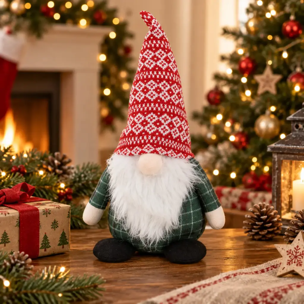360 HOME CHRISTMAS GNOME SOFT PLUSH FILLING TALL POINTED HAT NORDIC GEOMETRIC PATTERN GREEN/WHITE/RED/BLACK 20X9X37CM 6PCS/BOX