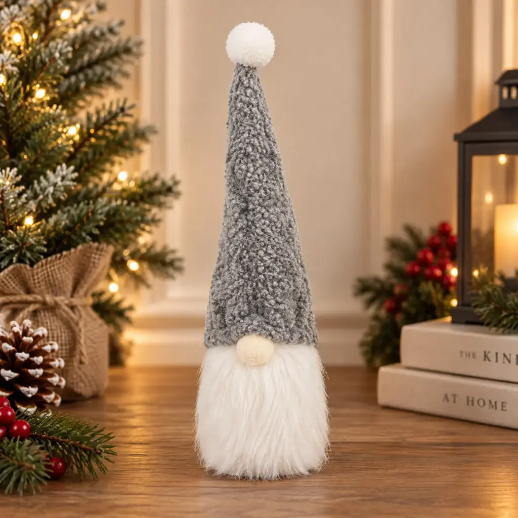 360 HOME CHRISTMAS GNOME KNITTED FABRIC FAUX-FUR ELEMENTS LIGHT GREY/WHITE 7X7X28CM 12PCS/BOX