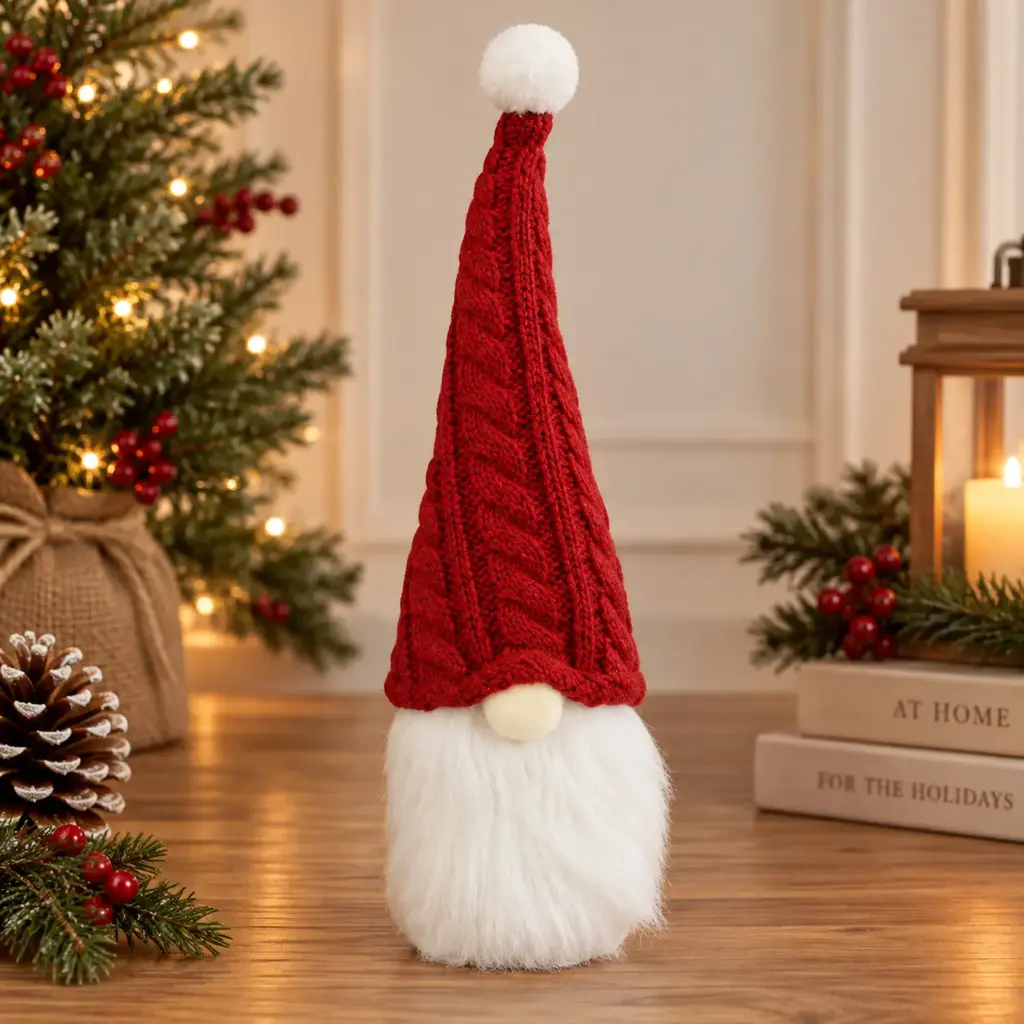 360 HOME CHRISTMAS  GNOME KNITTED FABRIC FAUX-FUR ELEMENTS RED/WHITE 7X7X28CM 12PCS/BOX