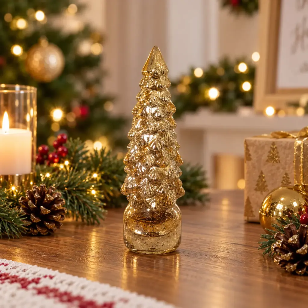 360 HOME CHRISTMAS DECORATION GLASS TREE Gold Glitter Tree Ornament 12PCS/BOX 9.1*30.3CM