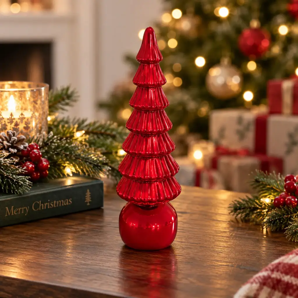 360 HOME CHRISTMAS DECORATION GLASS TREE Red Tiered Tree Ornament 12PCS/BOX 9.1*33CM