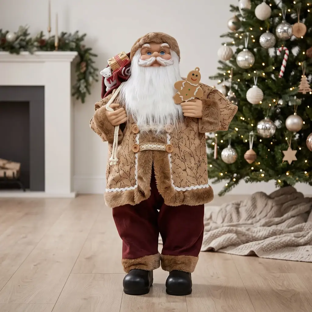 360 HOME CHRISTMAS standing santa BEIGE PATTERNED COAT BROWN FUR TRIM BURGUNDY PANT 110CM 2PCS/BOX