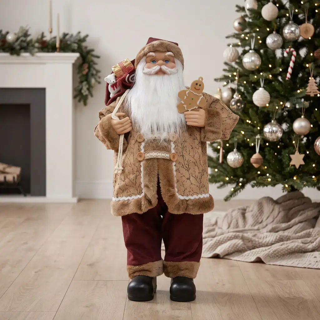 360 HOME CHRISTMAS STANDING SANTA BEIGE PATTERNED COAT BROWN FUR TRIM BURGUNDY PANT  80CM  3PCS/BOX