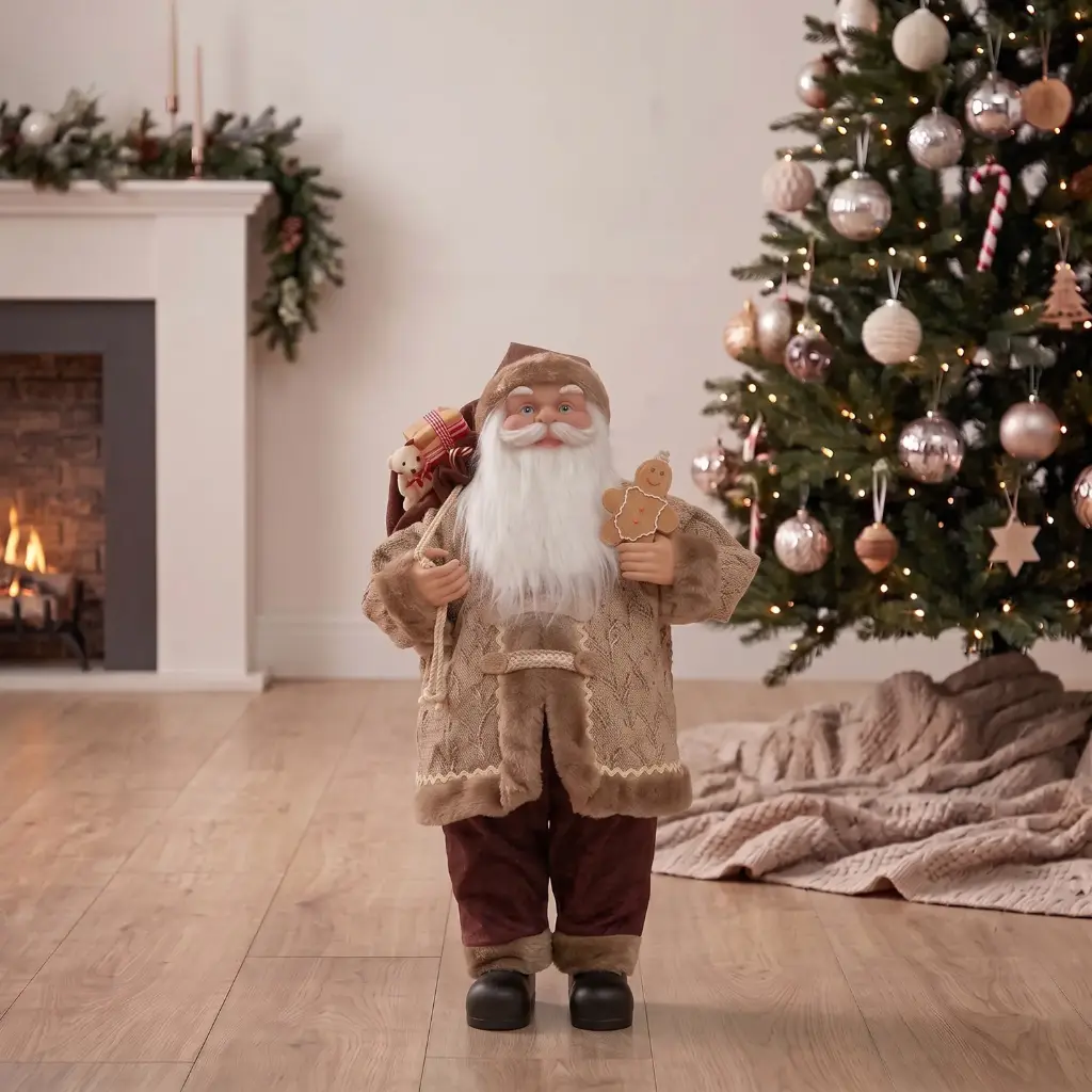 360 HOME CHRISTMAS standing santa BEIGE PATTERNED COAT BROWN FUR TRIM BURGUNDY PANT  60CM 4PCS/BOX