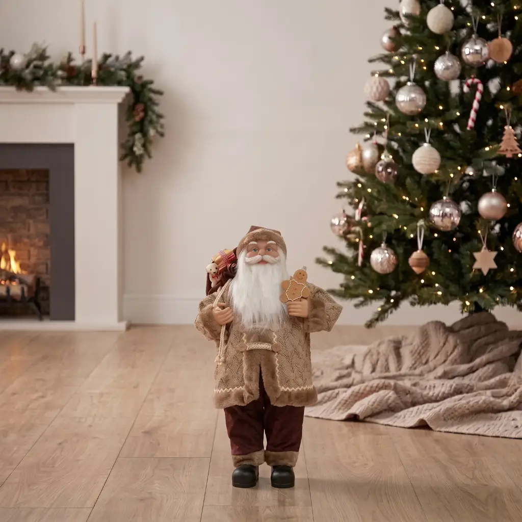 360 HOME CHRISTMAS standing santa BEIGE PATTERNED COAT BROWN FUR TRIM BURGUNDY PANT  45CM 12PCS/BOX