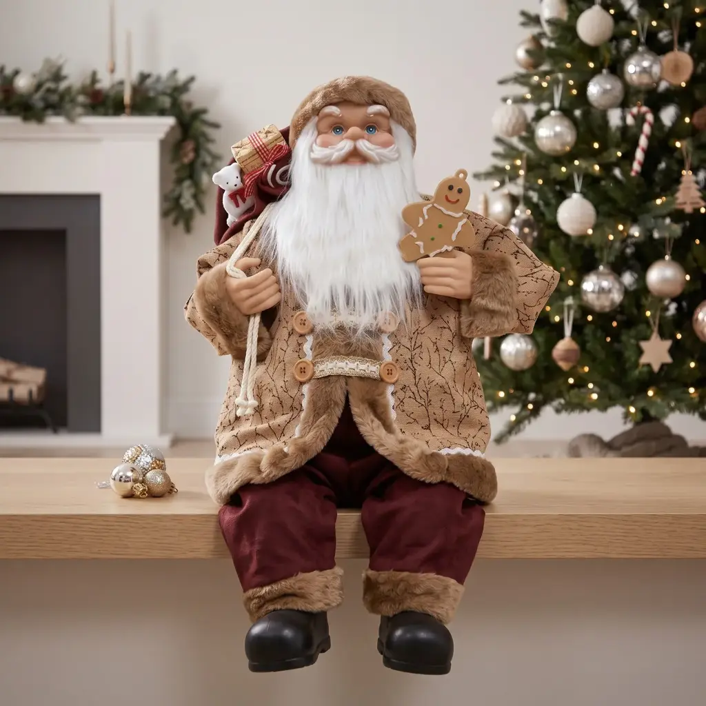 360 HOME CHRISTMAS BEIGE PATTERNED COAT BROWN FUR TRIM BURGUNDY PANT Sitting santa 45CM 12PCS/BOX