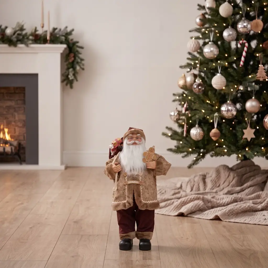 360 HOME CHRISTMAS standing santa BEIGE PATTERNED COAT BROWN FUR TRIM BURGUNDY PANT  30CM 24PCS/BOX