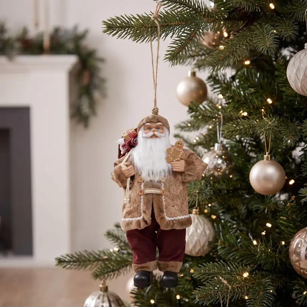 360 HOME CHRISTMAS  Santa Ornament BEIGE PATTERNED COAT BROWN FUR TRIM BURGUNDY PANT   20CM 48PCS/BOX