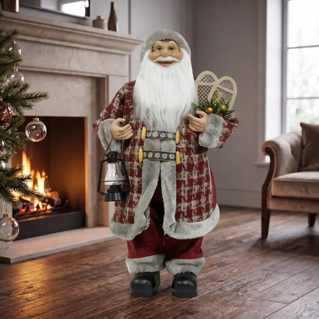 360 HOME CHRISTMAS standing santa BURGUNDY AND CREAM PLAID COAT WHITE FUR TRIM RED PANT 110CM 2PCS/BOX