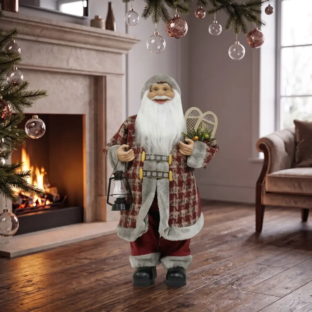360 HOME CHRISTMAS standing santa BURGUNDY AND CREAM PLAID COAT WHITE FUR TRIM RED PANT 80CM 3PCS/BOX