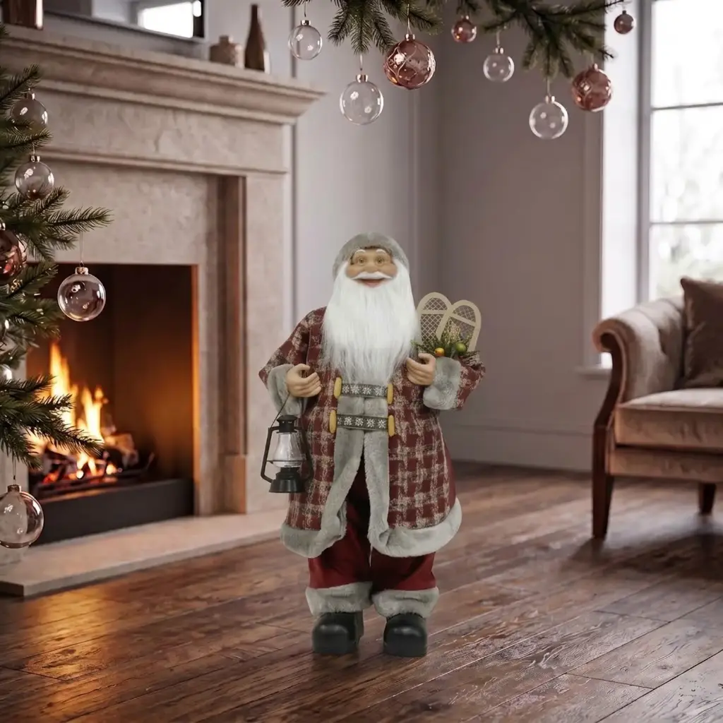 360 HOME CHRISTMAS STANDING SANTA BURGUNDY AND CREAM PLAID COAT WHITE FUR TRIM RED PANT 60CM 4PCS/BOX