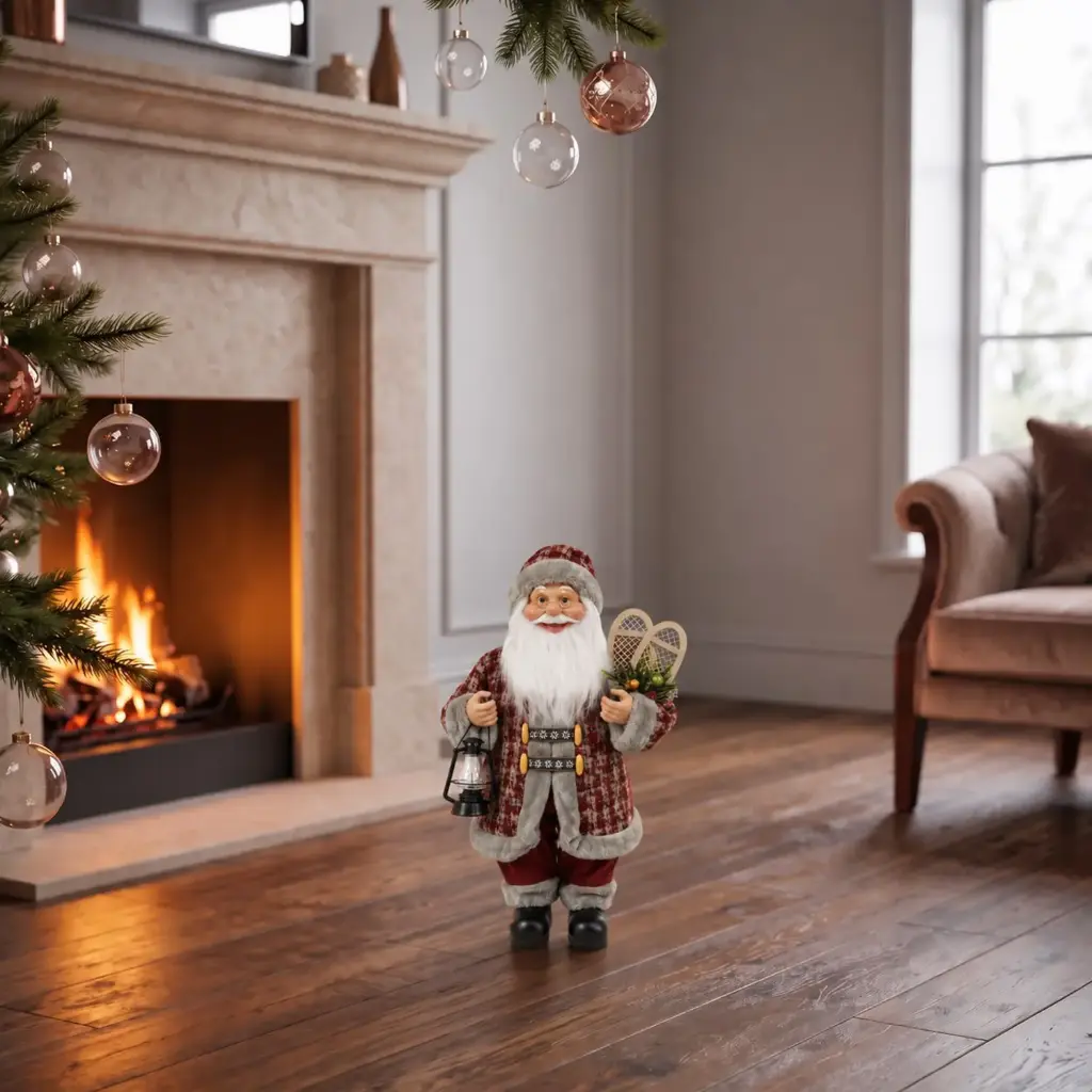 360 HOME CHRISTMAS STANDING SANTA BURGUNDY AND CREAM PLAID COAT WHITE FUR TRIM RED PANT 45CM 12PCS/BOX