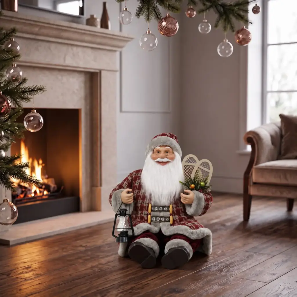 360 HOME CHRISTMAS SITTING SANTA BURGUNDY AND CREAM PLAID COAT WHITE FUR TRIM RED PANT 45CM 12PCS/BOX